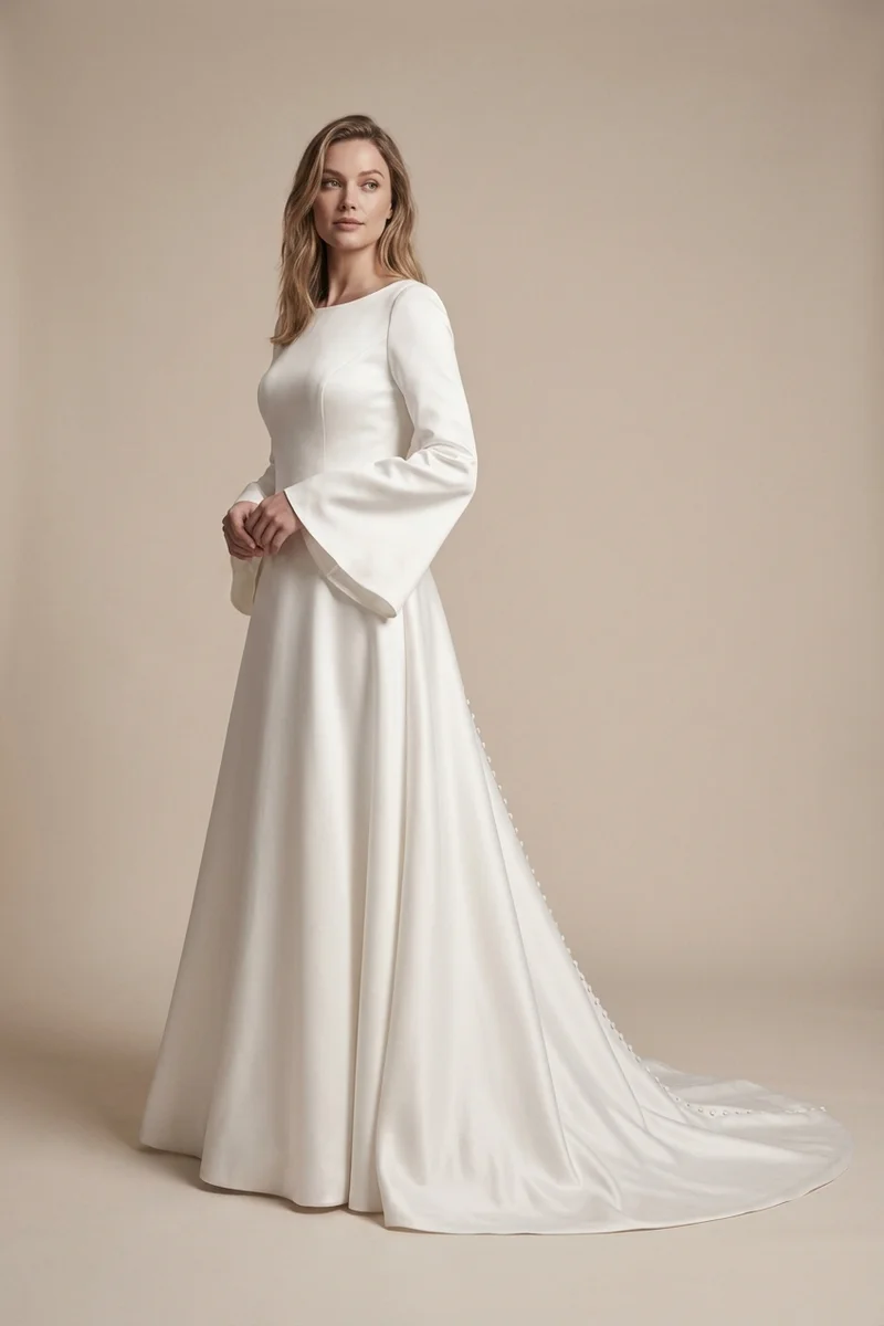 Wren Bell Sleeve Satin Wedding Dress with Button Back - 1
