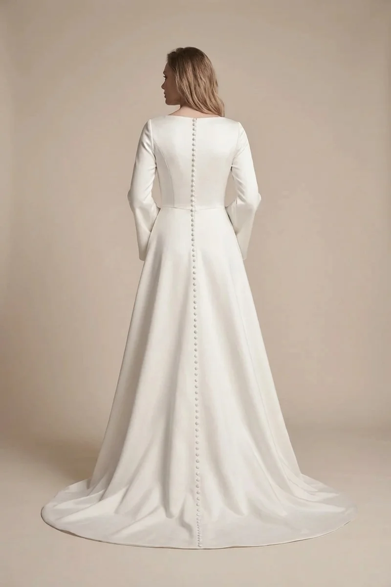 Wren Bell Sleeve Satin Wedding Dress with Button Back - 2