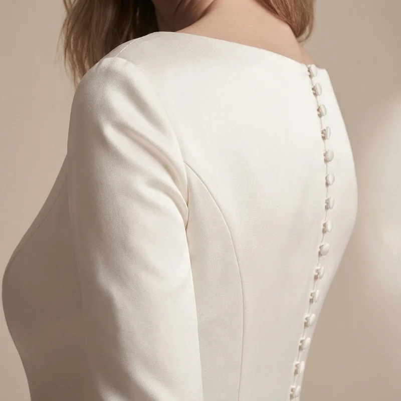 Wren Bell Sleeve Satin Wedding Dress with Button Back - 3
