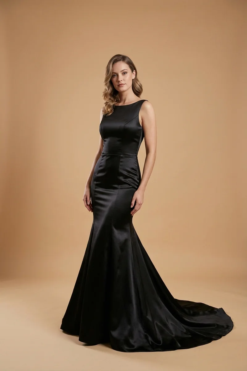 Black Satin Mermaid Wedding Dress with Train - 1