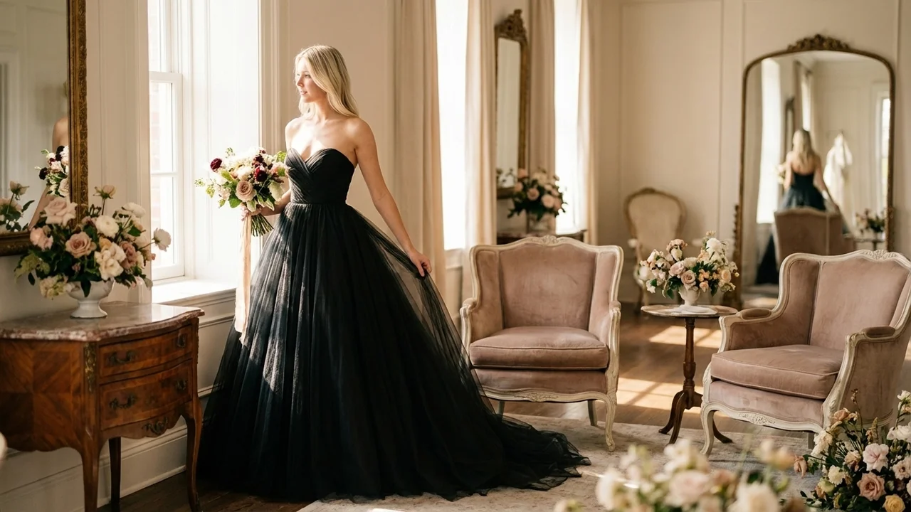 Black Tulle Ball Gown Wedding Dress - 5