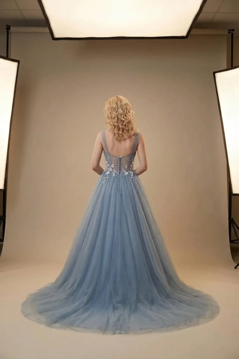 Starlight Blue Tulle Ball Gown Wedding Dress - 2