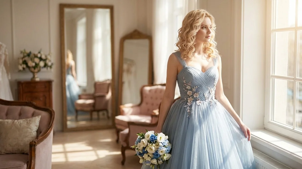 Starlight Blue Tulle Ball Gown Wedding Dress - 5