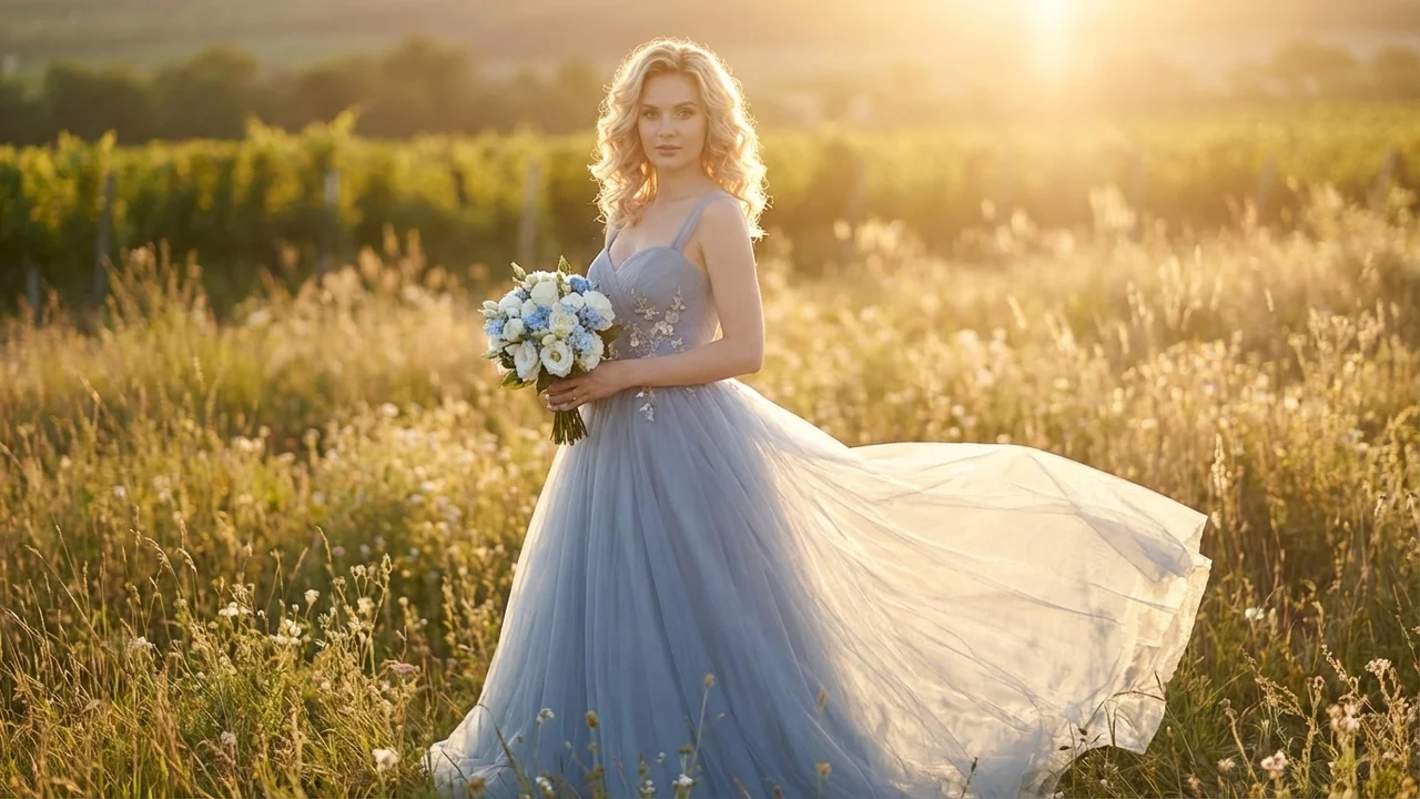 Starlight Blue Tulle Ball Gown Wedding Dress - 6