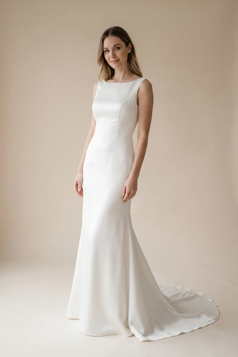 Genevieve Satin Boat Neck Column Wedding Dress - 1