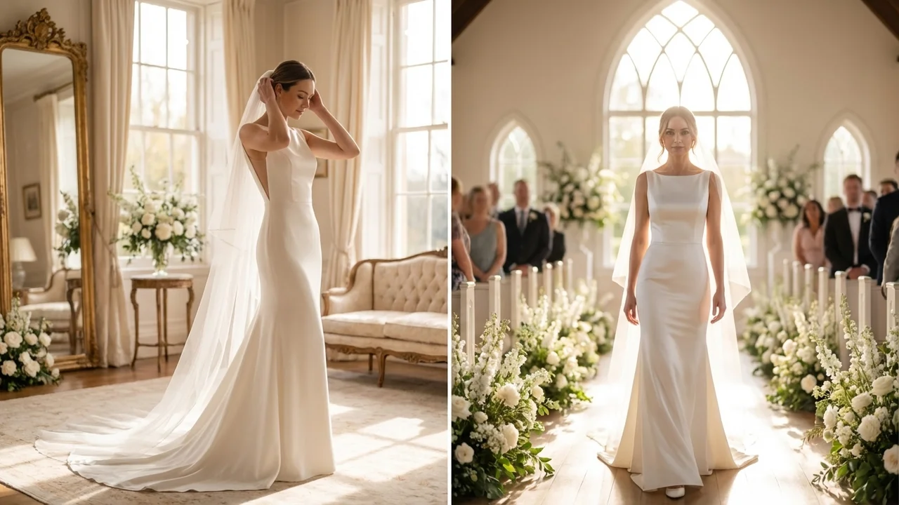 Genevieve Satin Boat Neck Column Wedding Dress - 5