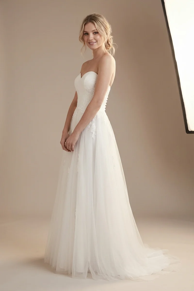 Tulle A-Line Button Back Wedding Dress - 1