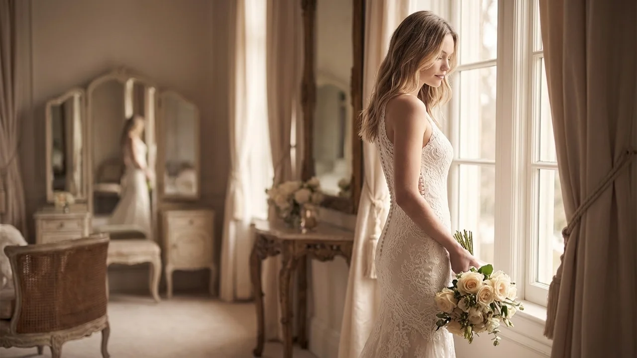 Lace Fitted Button Back Wedding Dress - 5