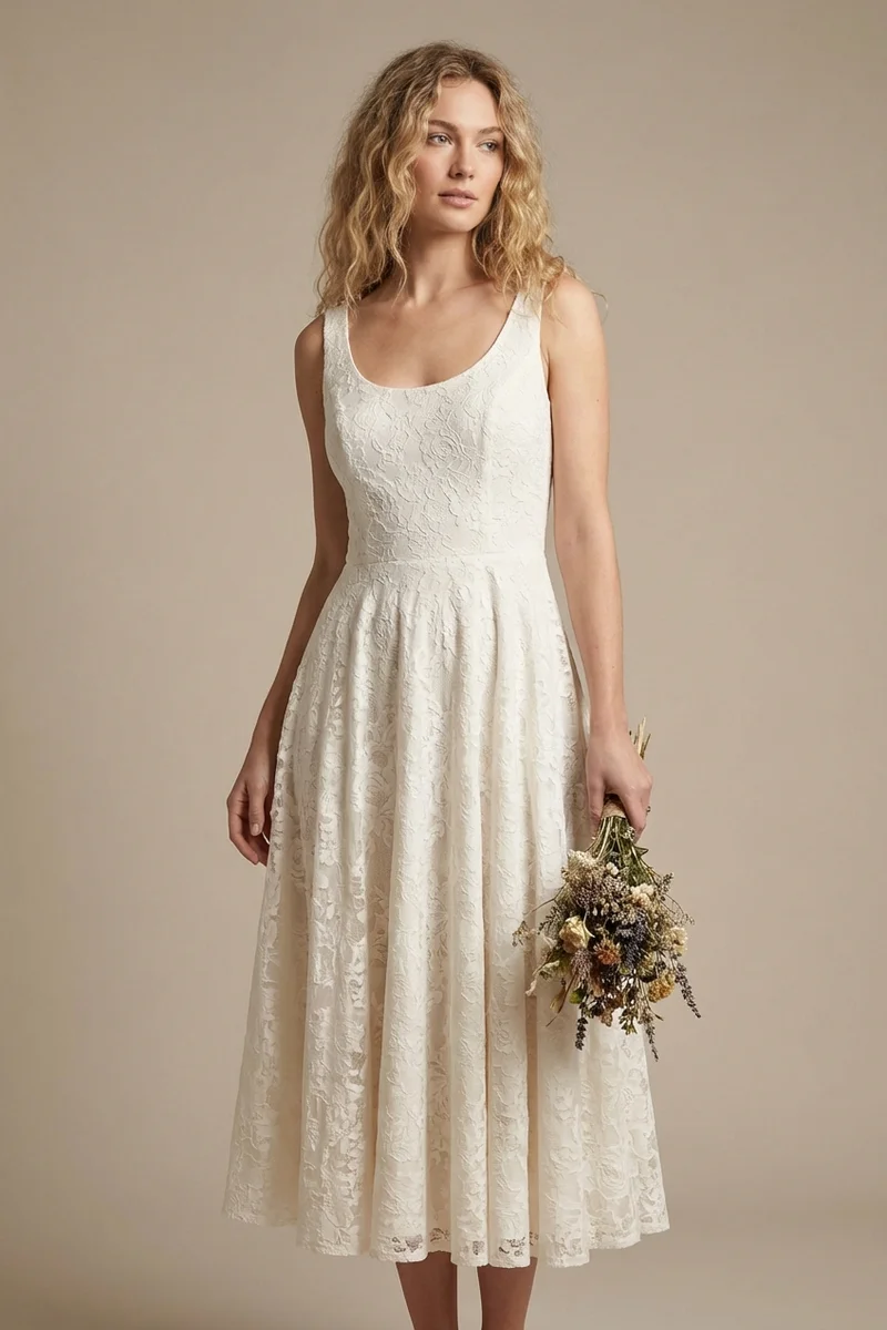 Cotton Lace Midi Casual Wedding Dress - 1