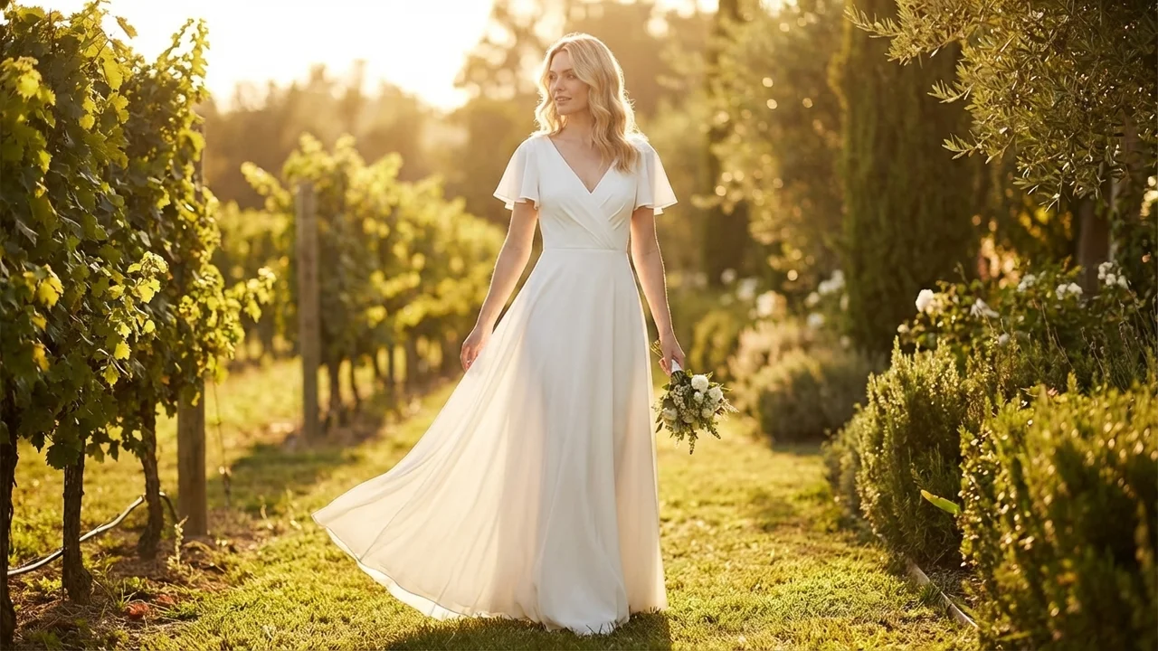 Flowy Crepe Wrap Casual Wedding Dress - 6