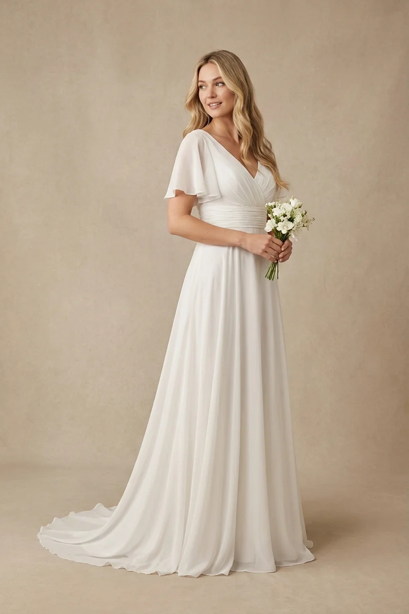 Flutter Sleeve Chiffon Wedding Dress with Ruched Bodice - 1
