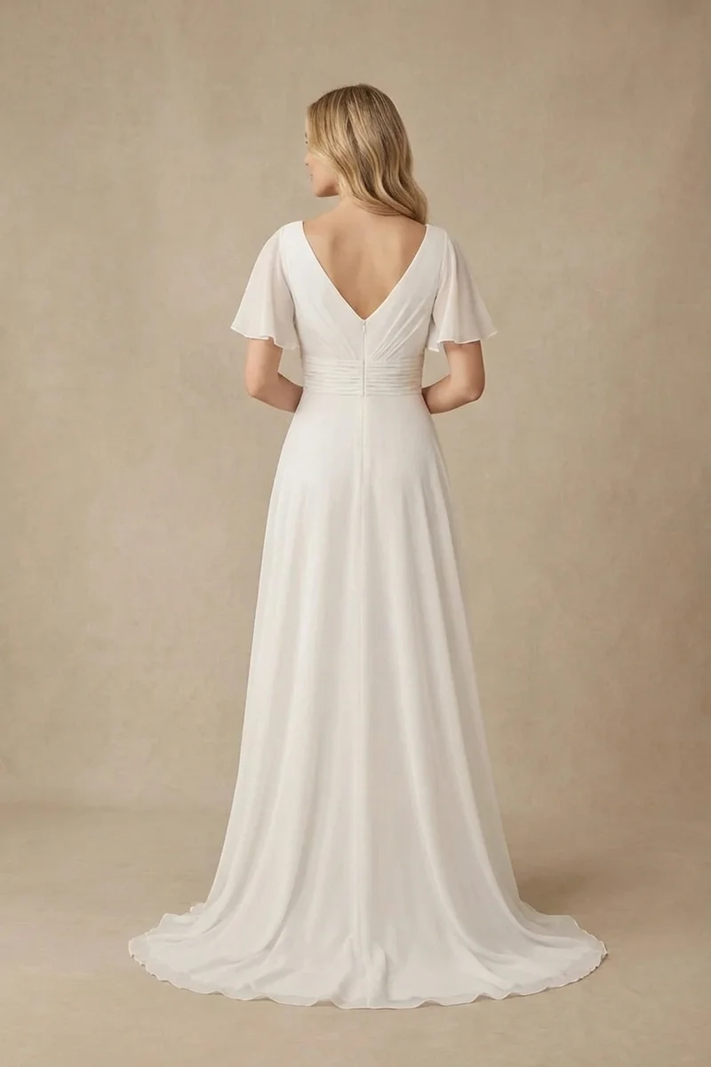 Flutter Sleeve Chiffon Wedding Dress with Ruched Bodice - 2