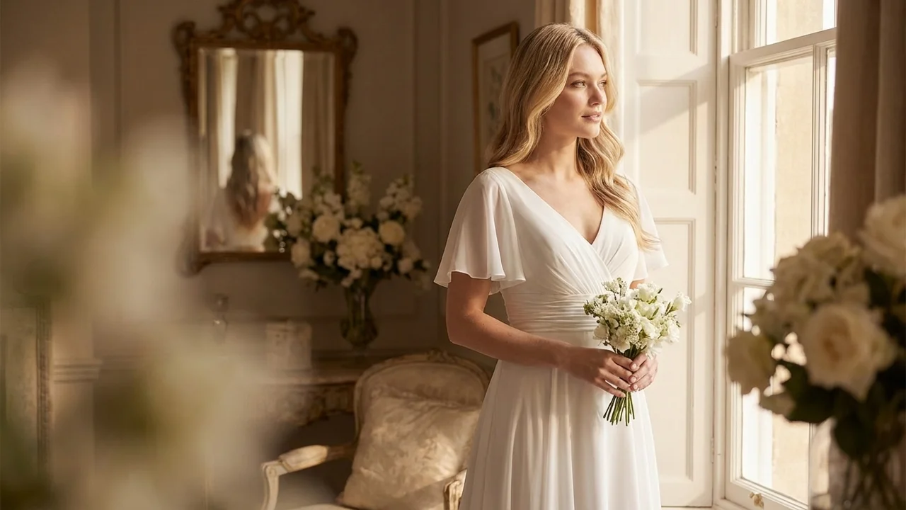 Flutter Sleeve Chiffon Wedding Dress with Ruched Bodice - 5