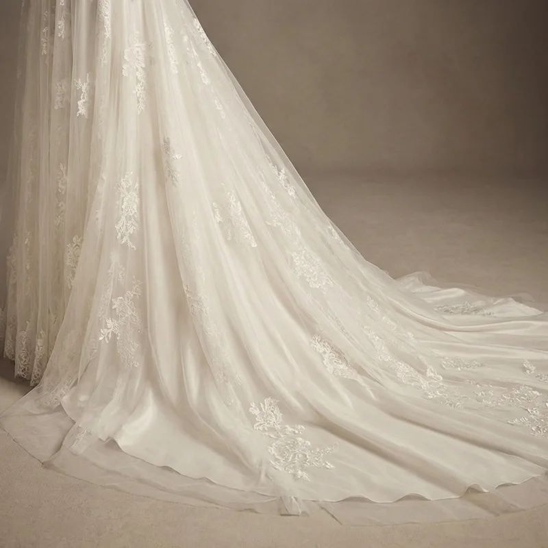 Cathedral Train Lace Wedding Dress with Long Sleeves - 4