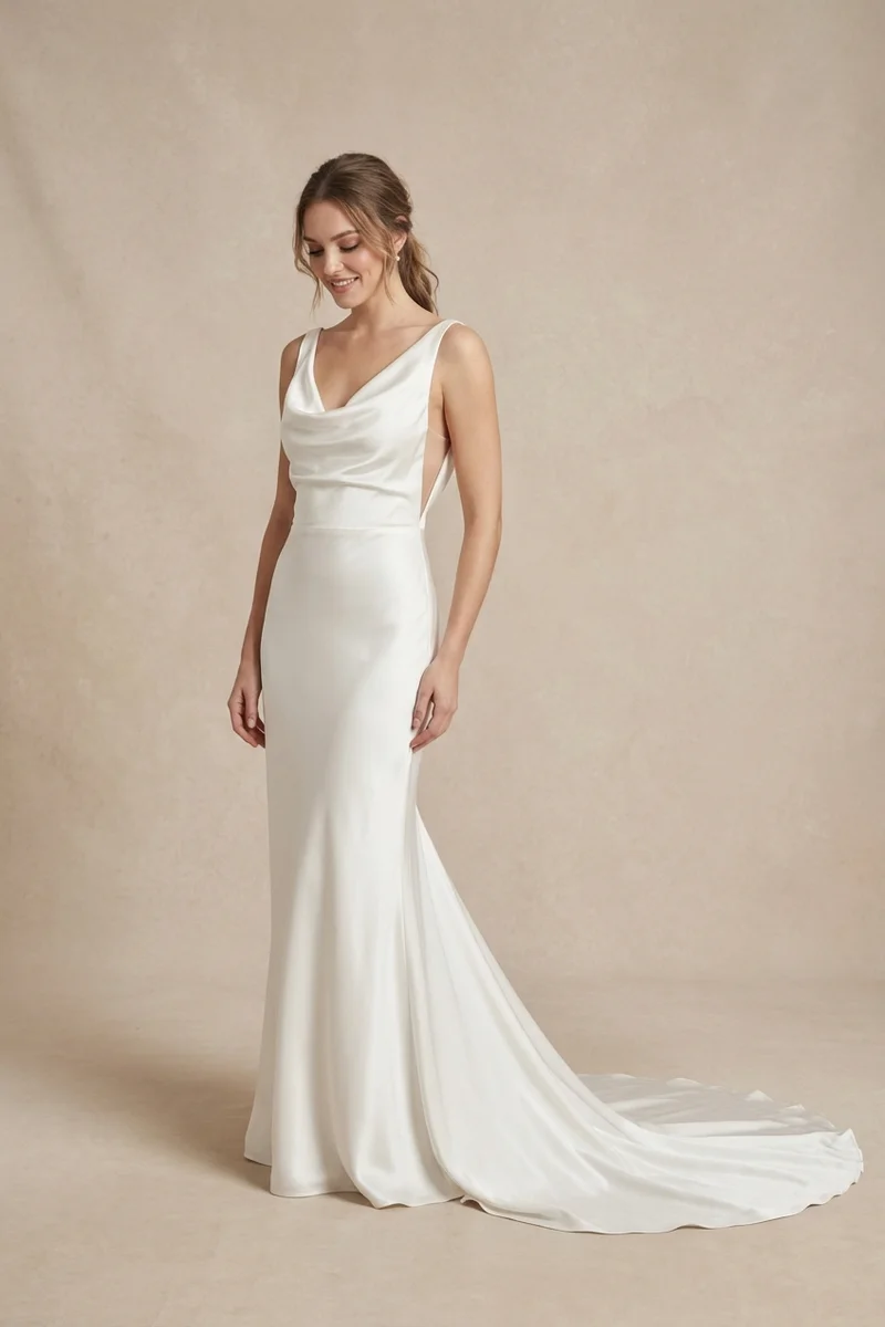 Satin Wedding Dress with Chapel Train and Open Back - 1