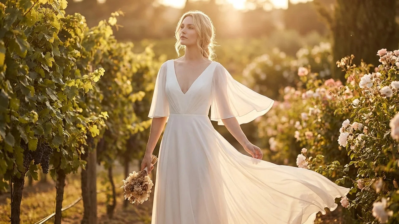 Chiffon Cape Sleeve Elopement Dress - 6