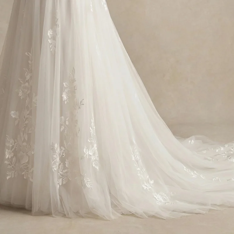 Embroidered Floral Tulle Wedding Gown - 4