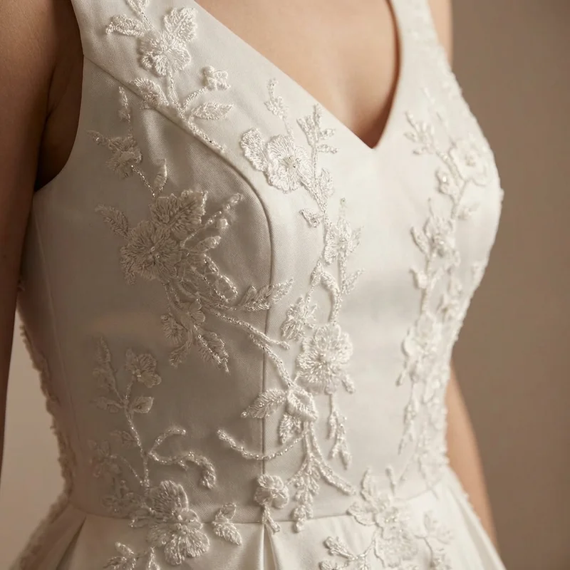 Embroidered Satin Ball Gown Wedding Dress - 3