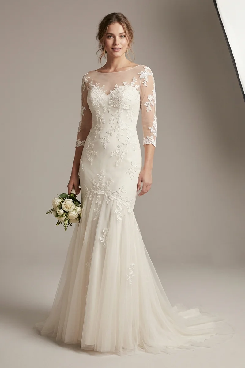 Romantic Applique Fit and Flare Wedding Dress with Sleeves - 1