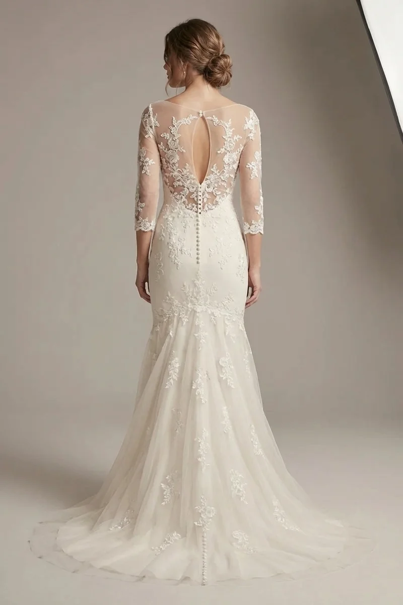 Romantic Applique Fit and Flare Wedding Dress with Sleeves - 2