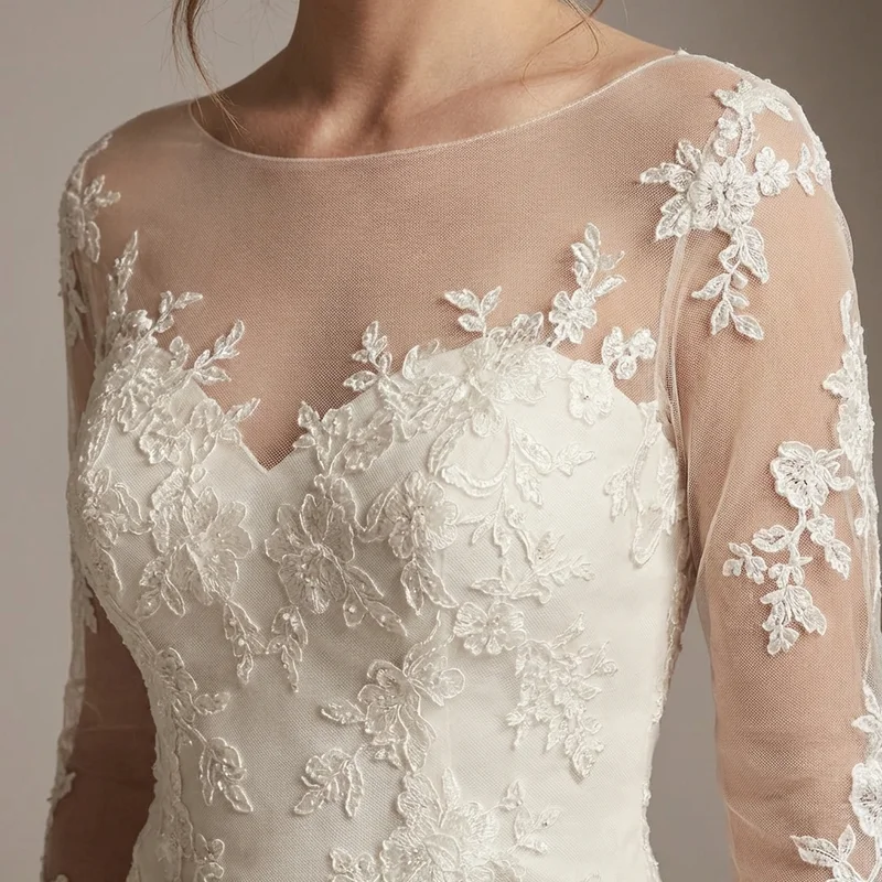 Romantic Applique Fit and Flare Wedding Dress with Sleeves - 3