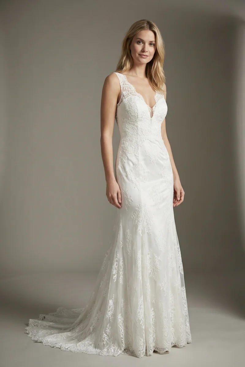 Fit and Flare Lace Wedding Dress with V-Neckline - 1