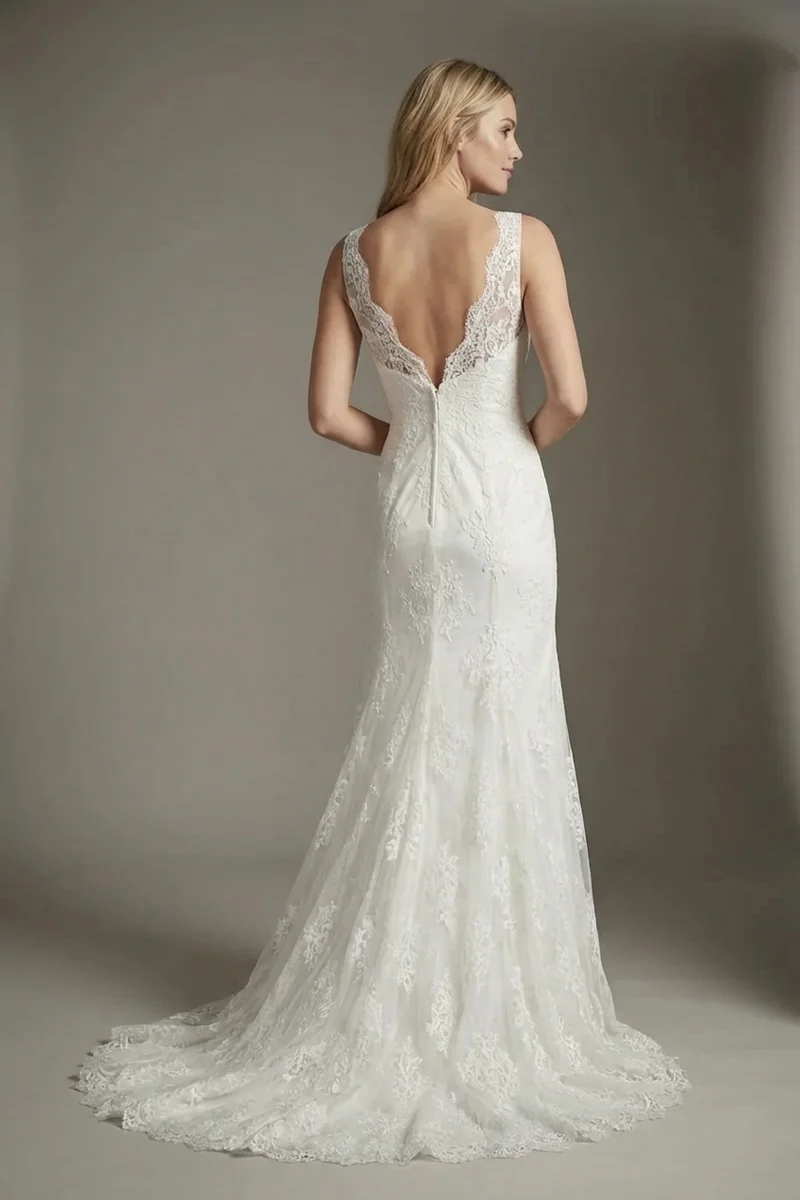 Fit and Flare Lace Wedding Dress with V-Neckline - 2