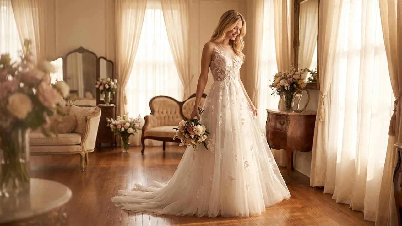 Floral Applique Tulle Wedding Gown - 5