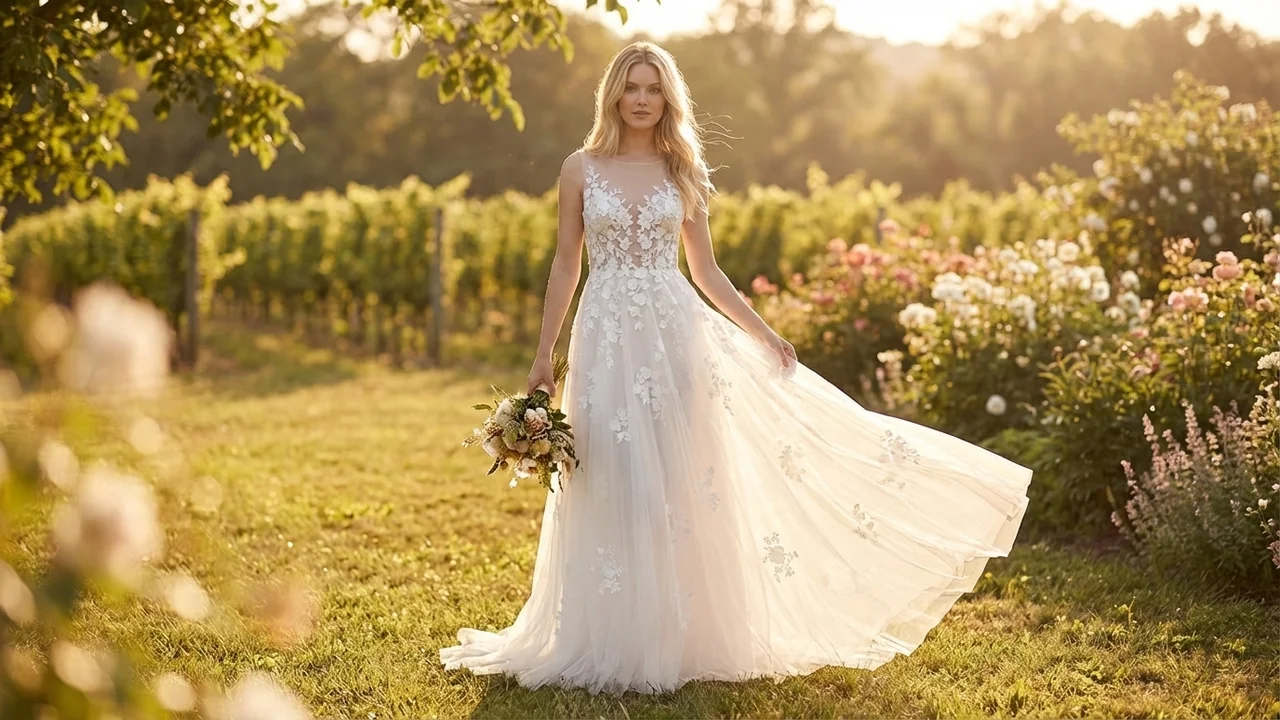 Floral Applique Tulle Wedding Gown - 6