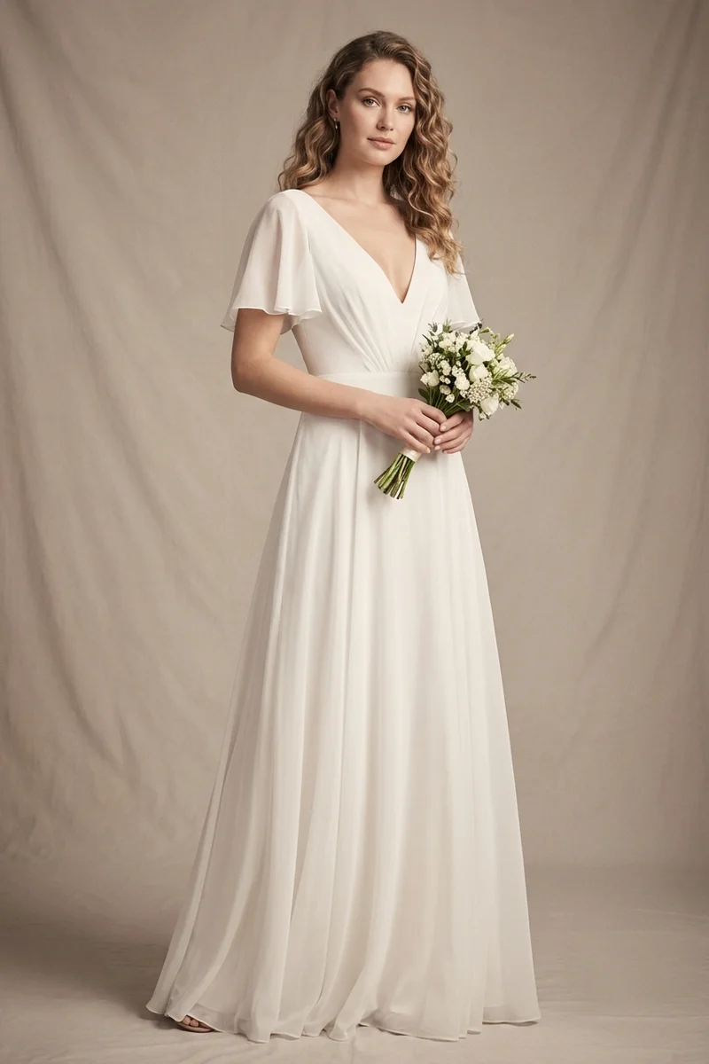 Flutter Sleeve Chiffon Wedding Dress - 1