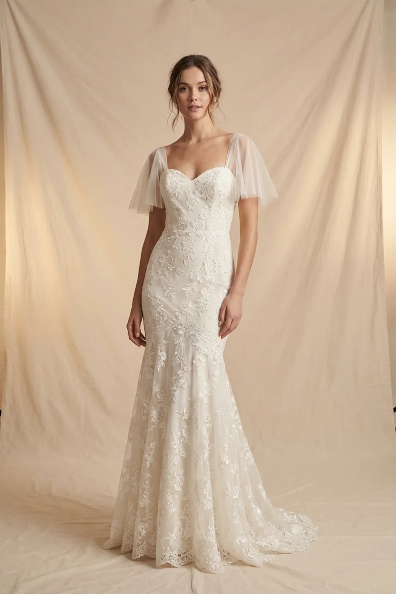 Flutter Sleeve Lace Fit and Flare Wedding Dress - 1