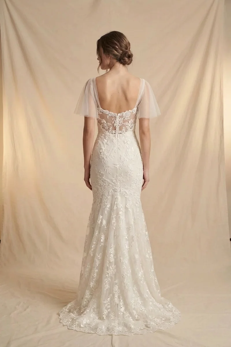 Flutter Sleeve Lace Fit and Flare Wedding Dress - 2