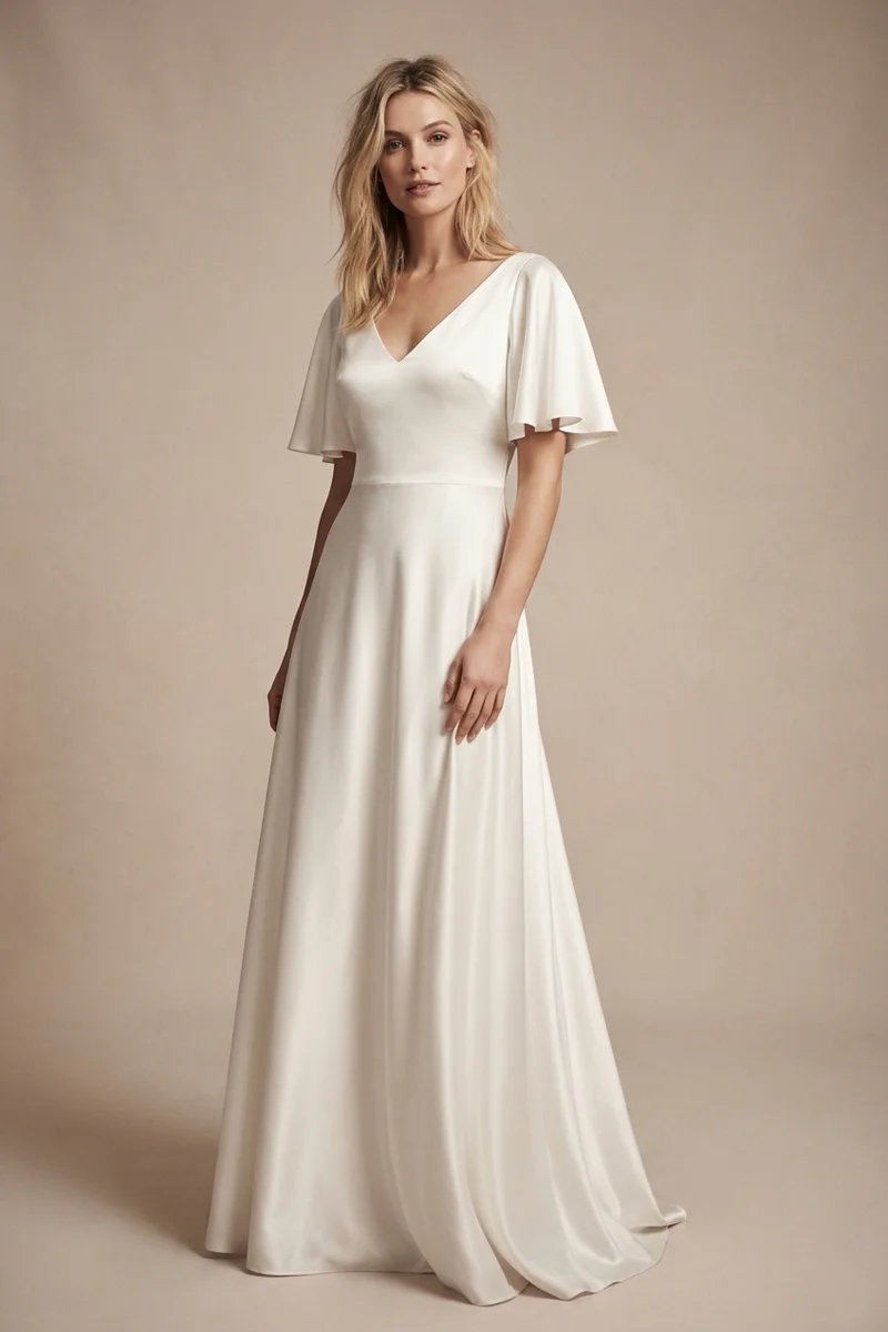 Flutter Sleeve Satin Wedding Dress with V-Neck - 1