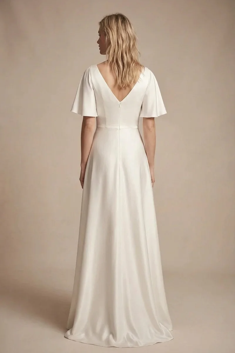 Flutter Sleeve Satin Wedding Dress with V-Neck - 2