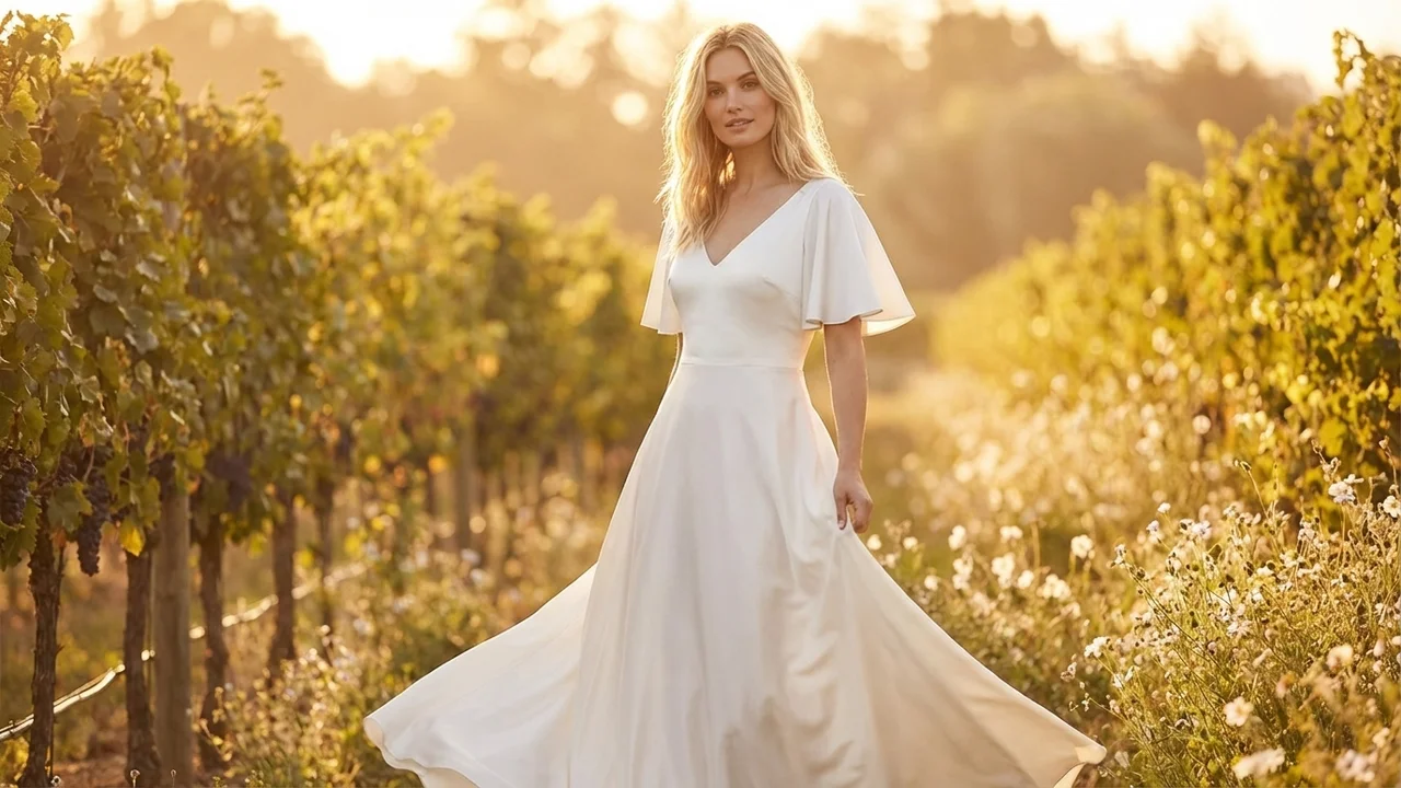Flutter Sleeve Satin Wedding Dress with V-Neck - 6