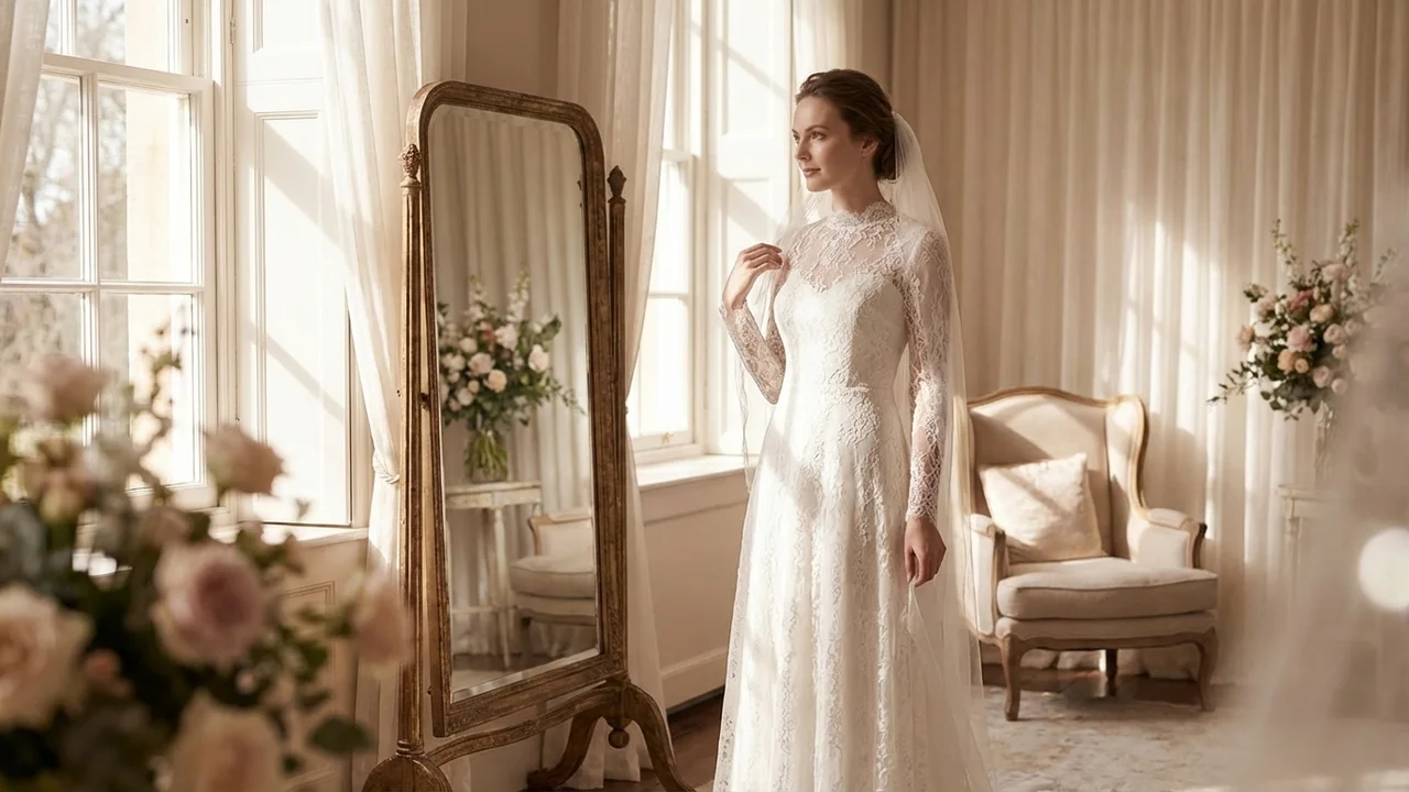 Valentina High Neck Lace Modest Wedding Dress - 5