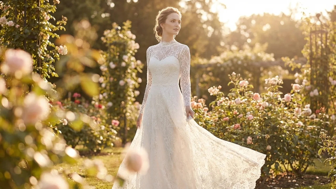 Valentina High Neck Lace Modest Wedding Dress - 6