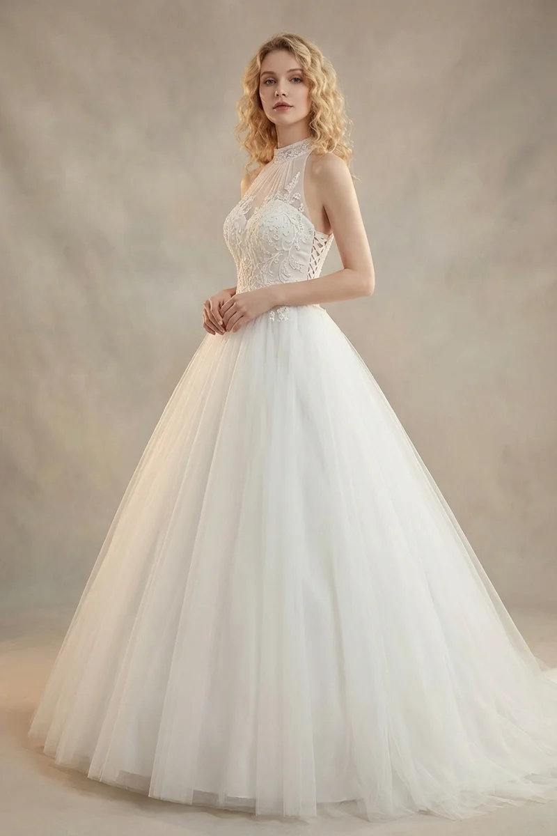 Arabella High Neck Tulle Beaded Wedding Dress - 1