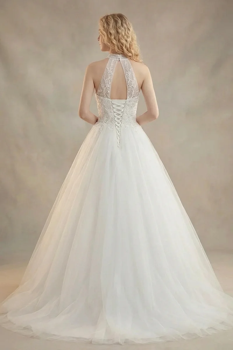 Arabella High Neck Tulle Beaded Wedding Dress - 2