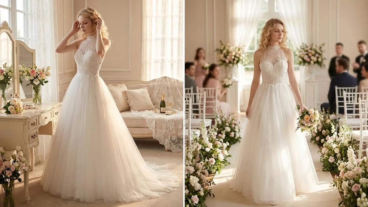 Arabella High Neck Tulle Beaded Wedding Dress - 5
