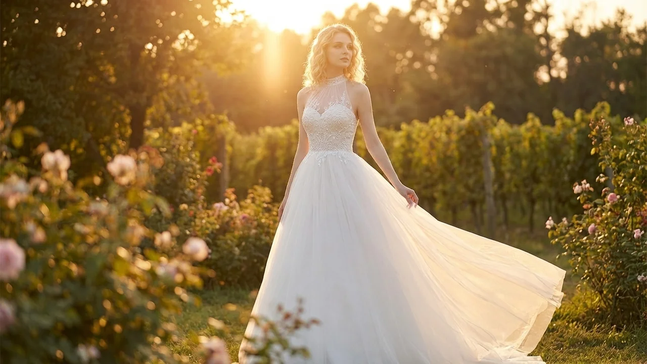 Arabella High Neck Tulle Beaded Wedding Dress - 6