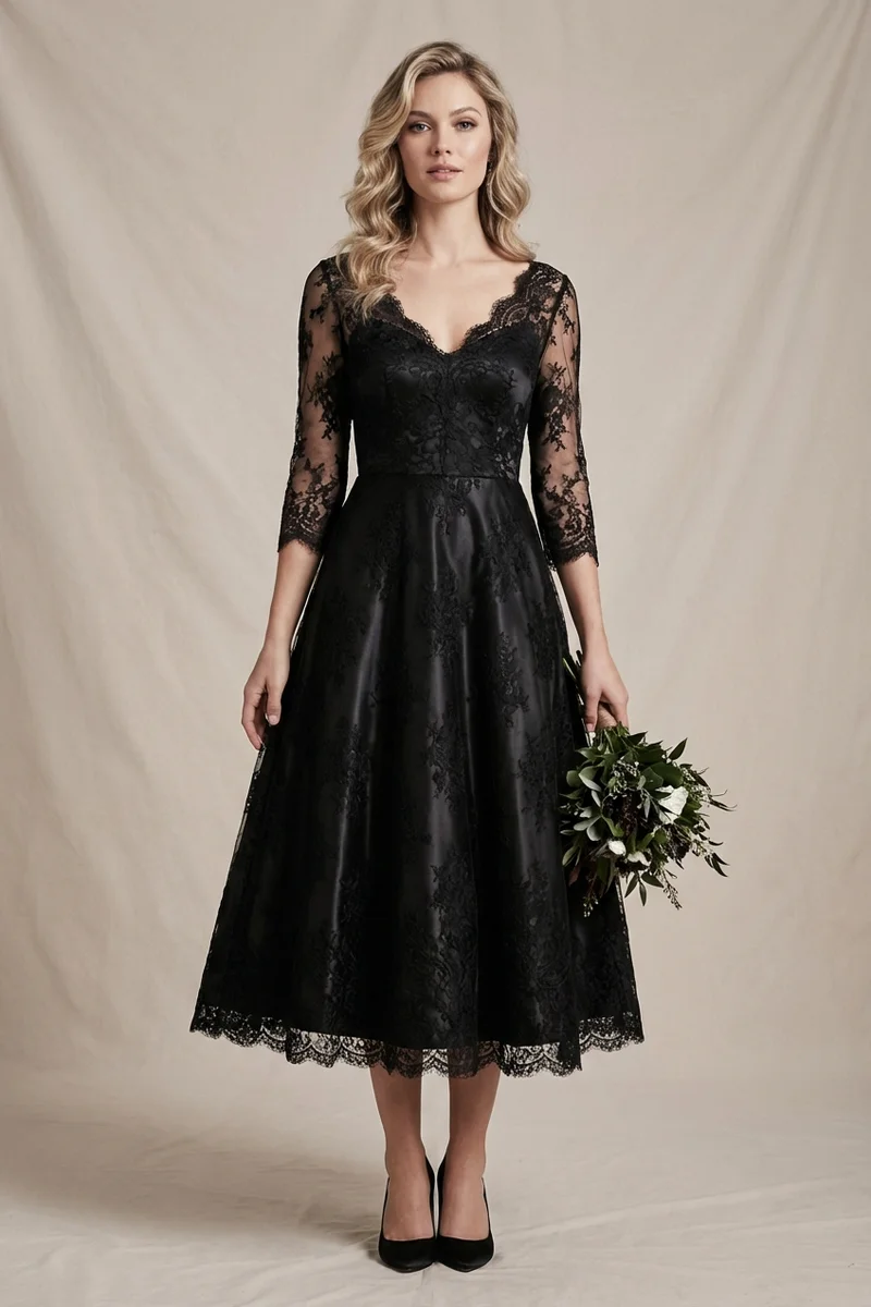 Indie Black Lace Midi Wedding Dress - 1