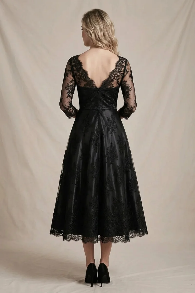 Indie Black Lace Midi Wedding Dress - 2
