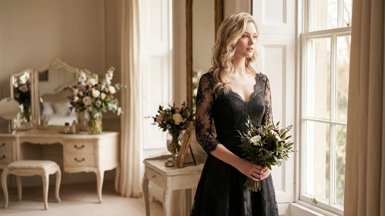 Indie Black Lace Midi Wedding Dress - 5