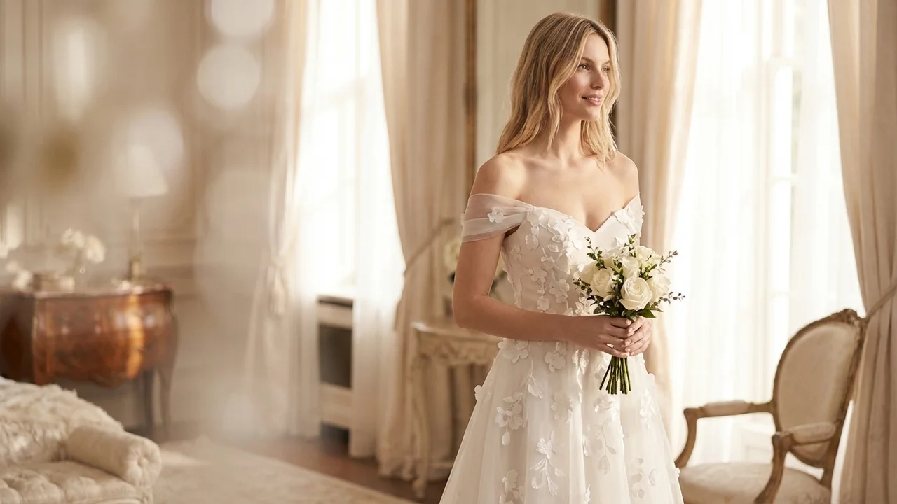 Ivy Organza Garden Wedding Dress with Floral Appliqué - 5