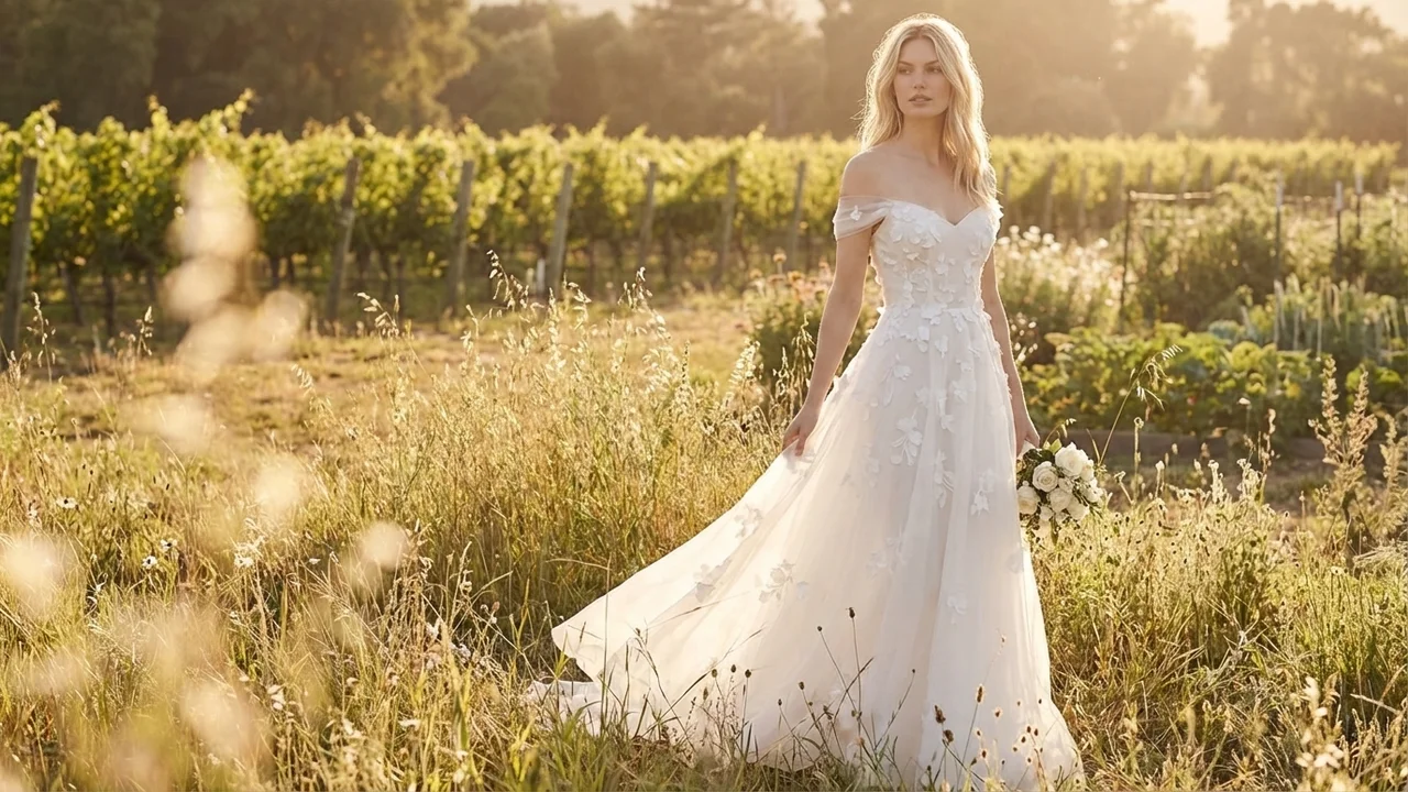 Ivy Organza Garden Wedding Dress with Floral Appliqué - 6