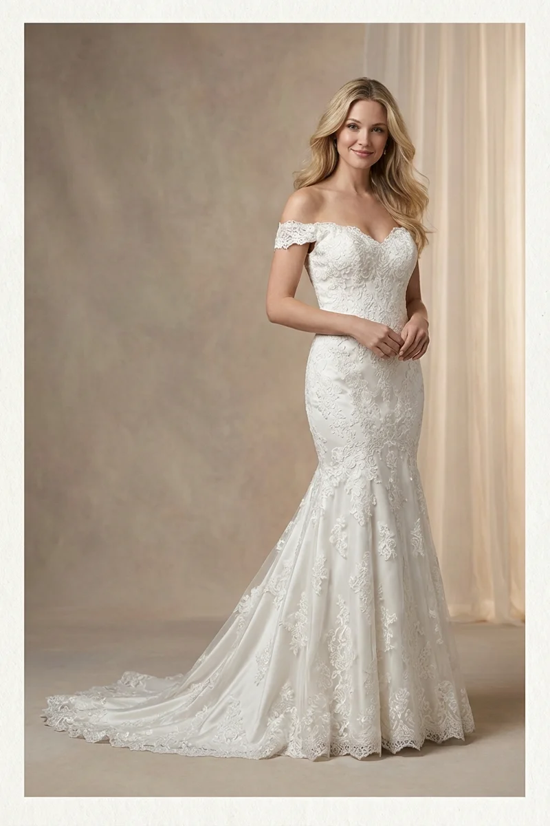 Off The Shoulder Lace Mermaid Wedding Dress - 1