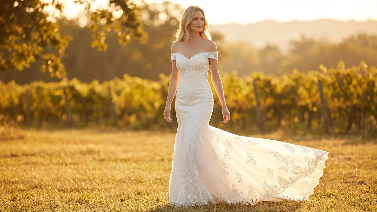 Off The Shoulder Lace Mermaid Wedding Dress - 6