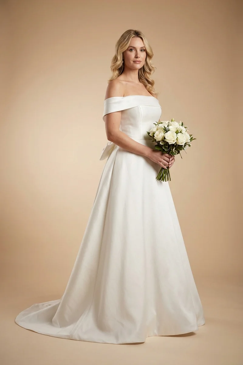 Off The Shoulder Satin A-Line Wedding Dress with Bow - 1