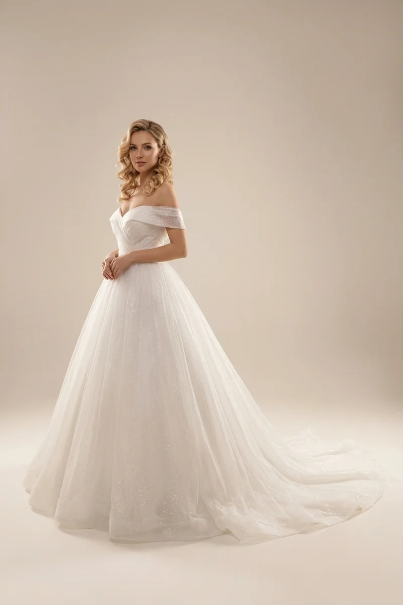 Off The Shoulder Tulle Ball Gown Wedding Dress - 1
